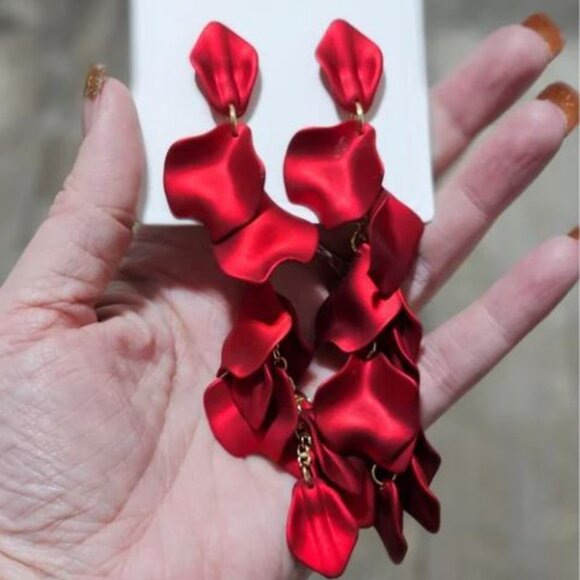 Red Rose Petal Long Earrings - Picture 3 of 4